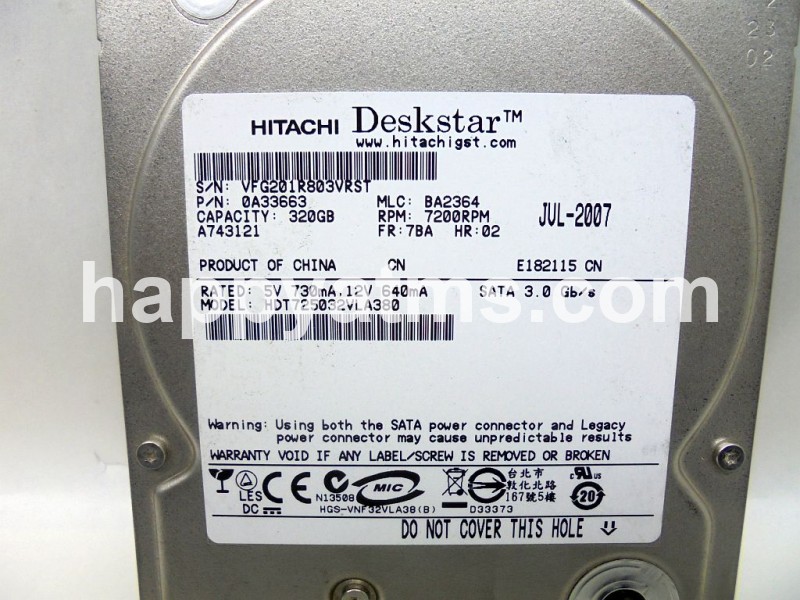 Hitachi 320GB Internal 7200RPM 3.5" HARD DRIVE PN: 0A33663, 33663